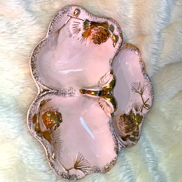 Pink and gold vintage ornate candy dish bowl pine cones - Picture 3 of 11